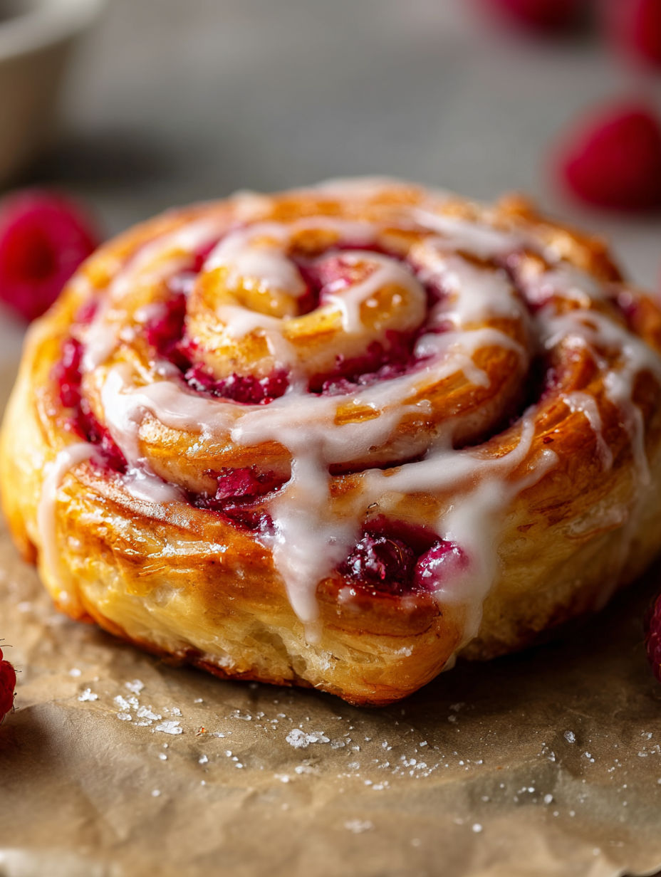 A cinnamon roll with a glaze and raspberries on top.