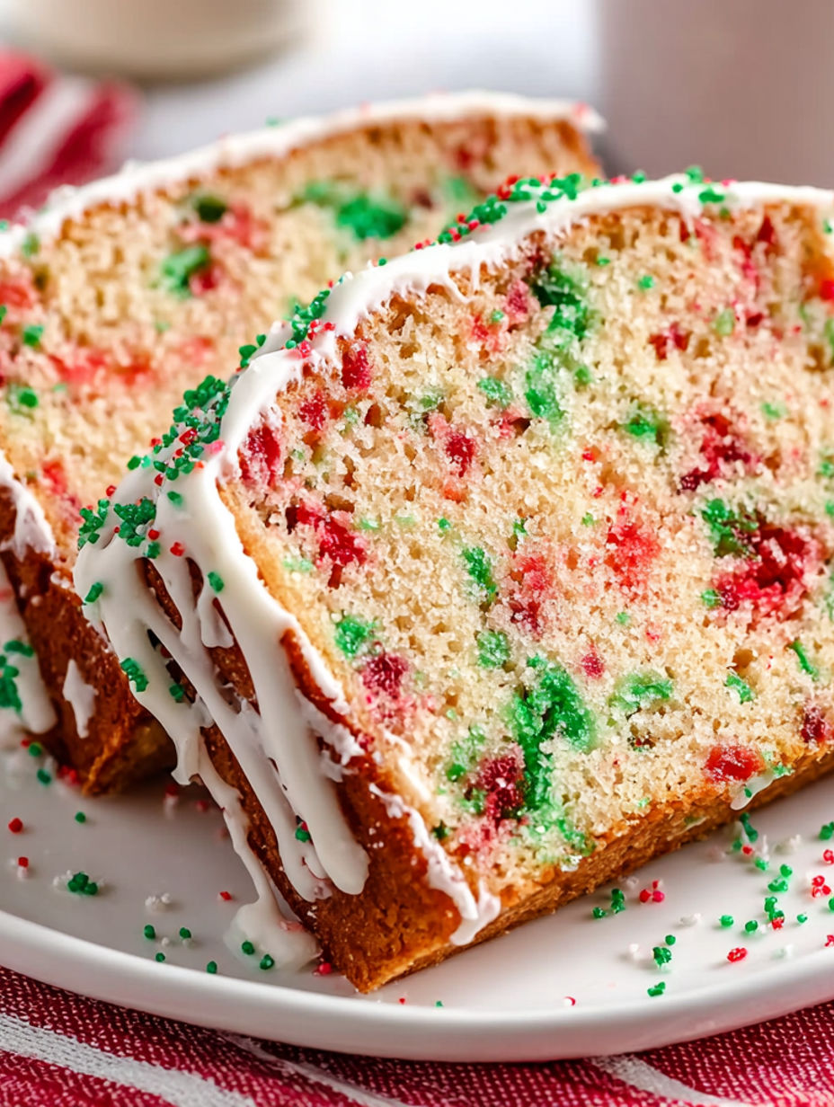 A slice of Christmas bread with white frosting and red and green sprinkles.