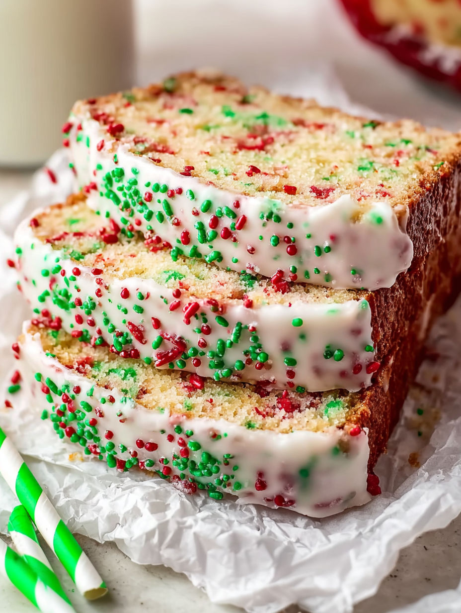A stack of Christmas bread with red and green sprinkles.