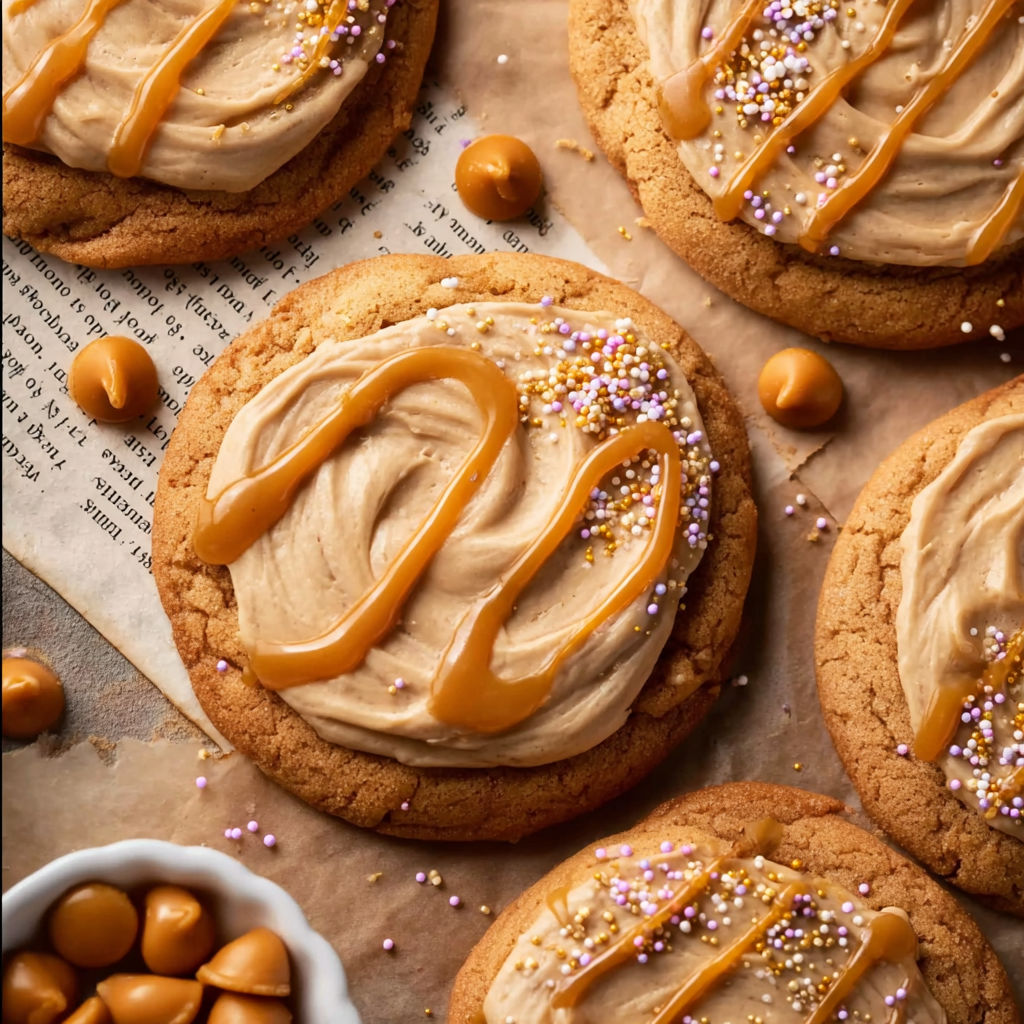 A plate of cookies with icing and sprinkles.