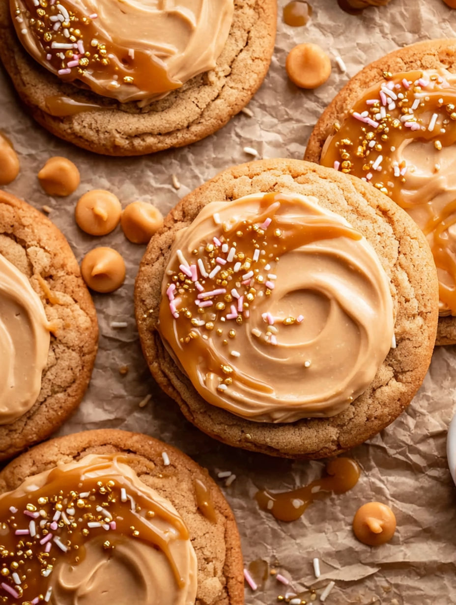 A close up of a cookie with a drizzle of caramel.