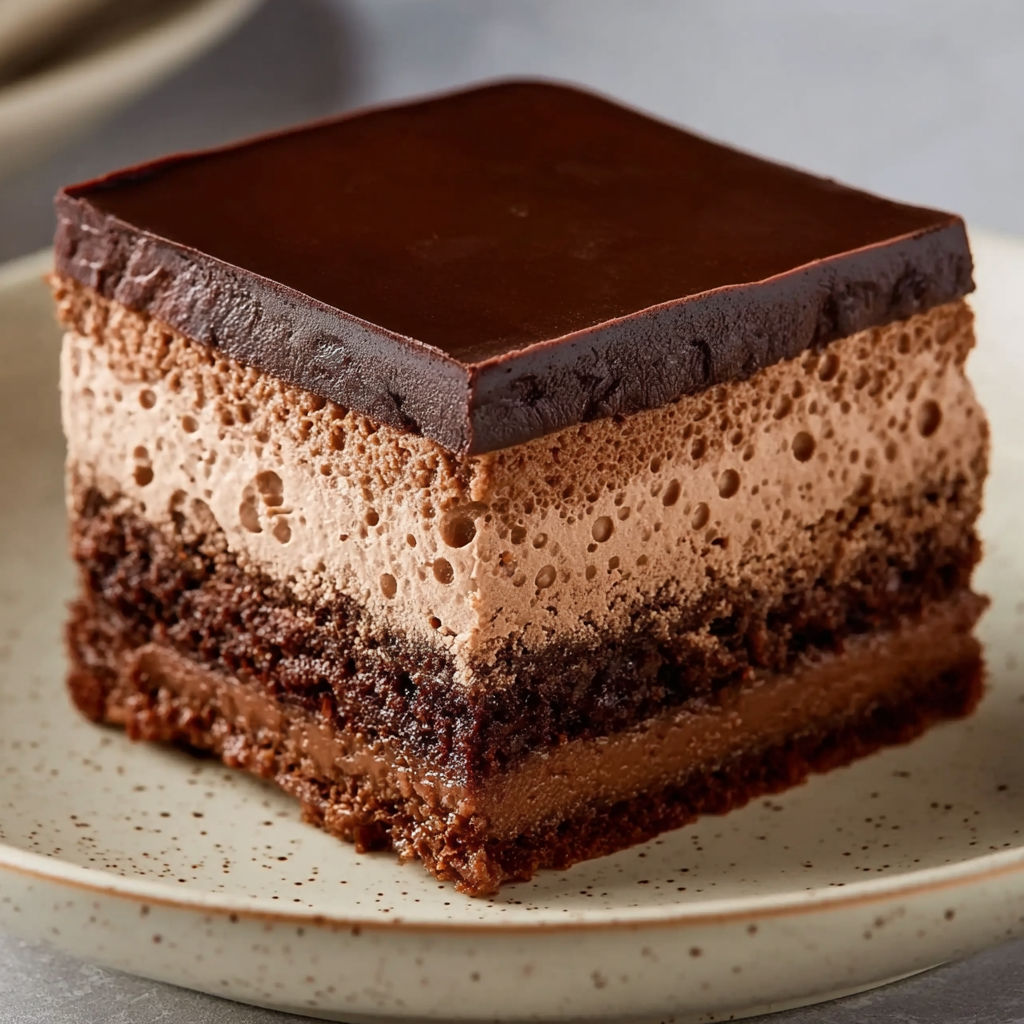 A slice of chocolate mousse brownies.
