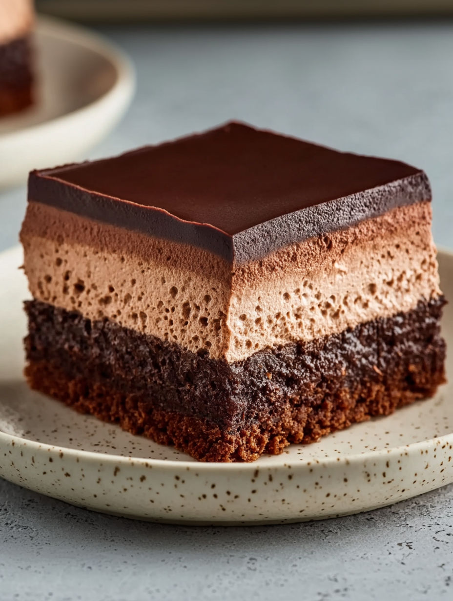 A slice of chocolate cake with a white plate.