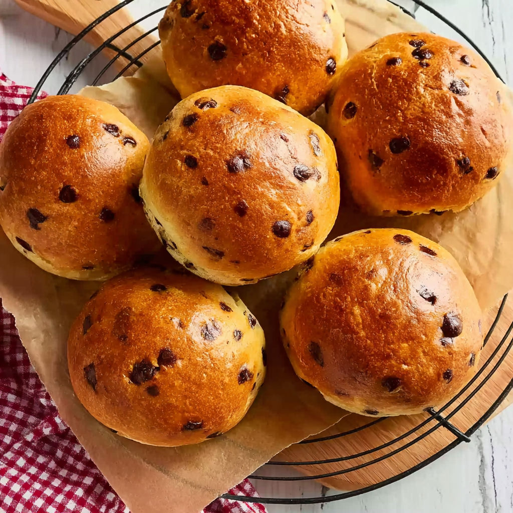 A plate of fluffy, soft, chocolate-covered bread rolls.