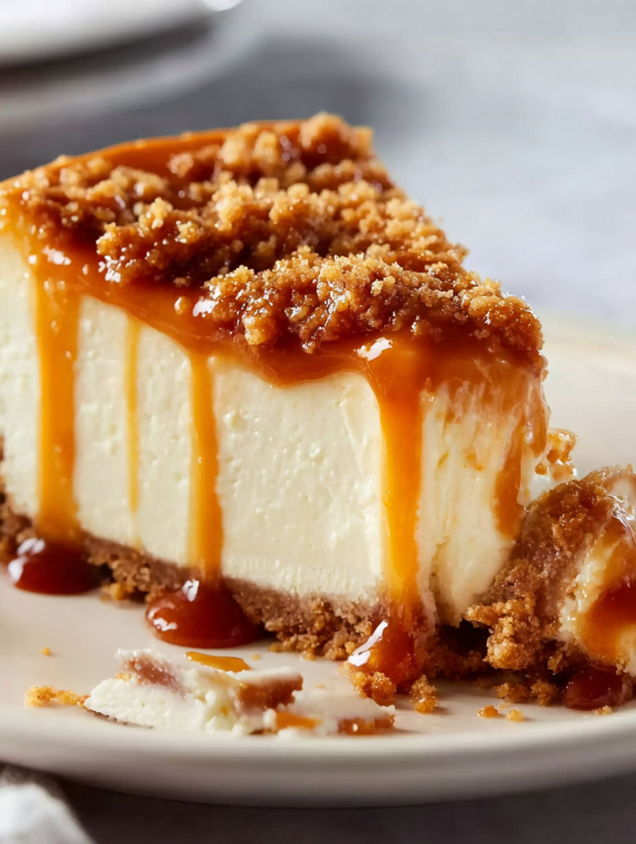 A slice of cheesecake with caramel drizzled on top.