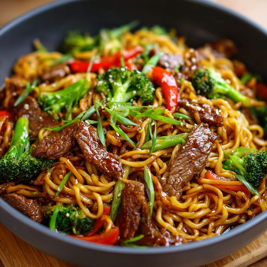 A bowl of beef noodles with broccoli and peppers.