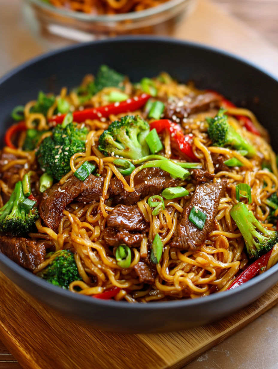 A bowl of beef noodles with broccoli and peppers.