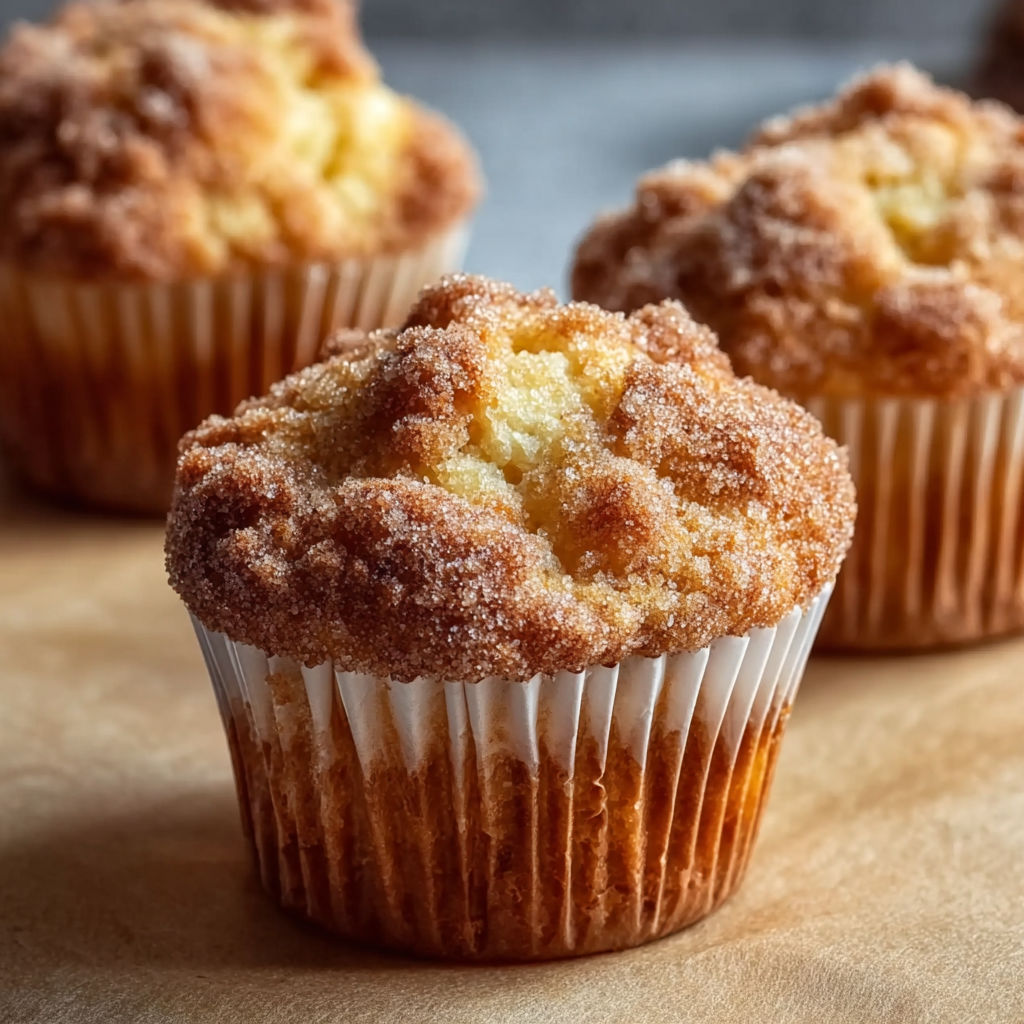 Three muffins with a cinnamon and sugar topping.