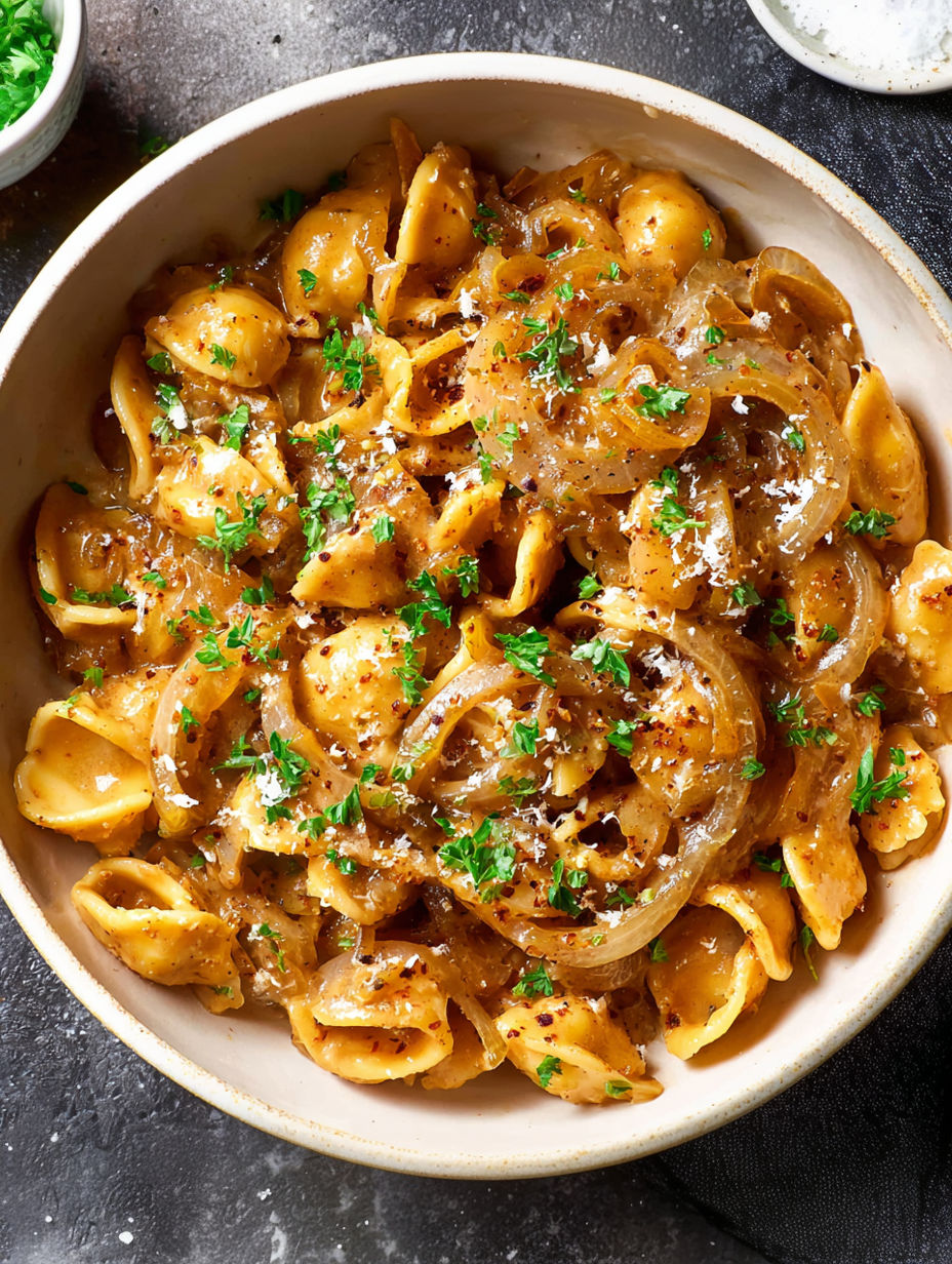 A bowl of pasta with onions and herbs.
