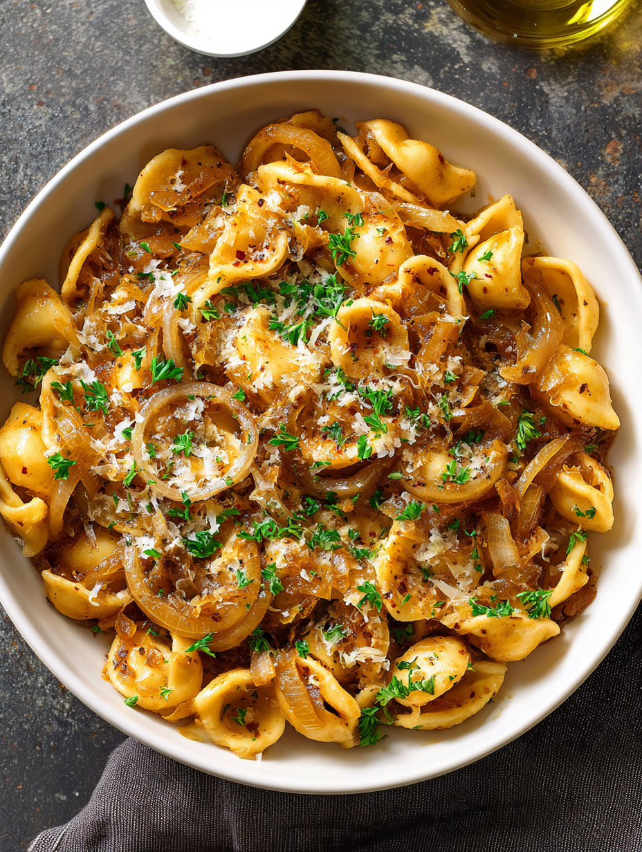 A bowl of pasta with onions and cheese.
