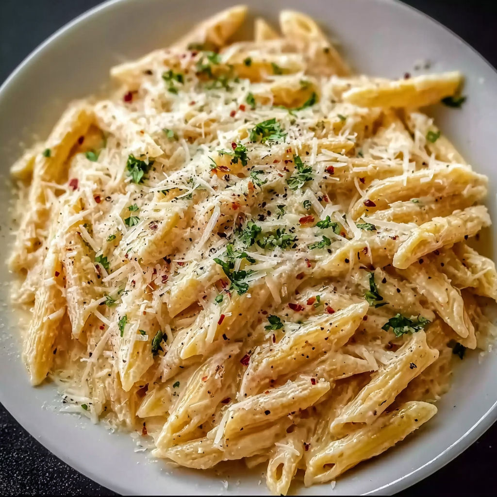 A plate of pasta with cheese and pepper.