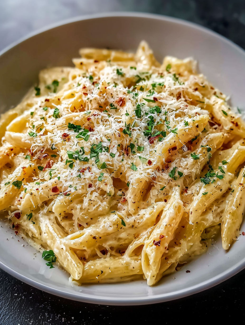 A bowl of pasta with cheese and herbs.