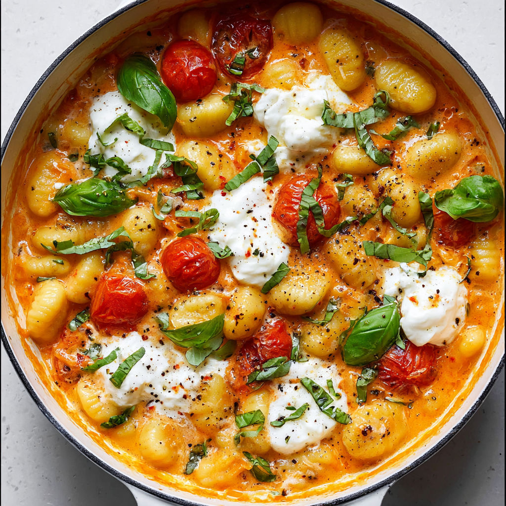 A bowl of creamy tomato gnocchi with burrata.