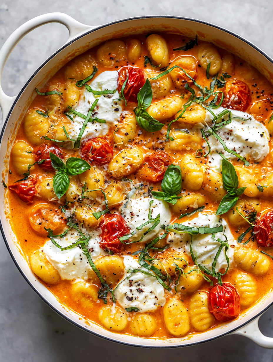 A bowl of creamy tomato gnocchi with burrata.