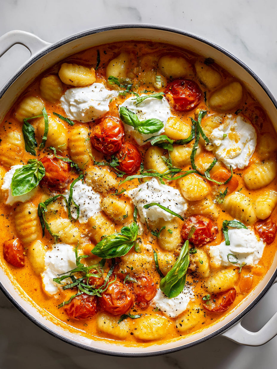 A bowl of creamy tomato gnocchi with burrata.