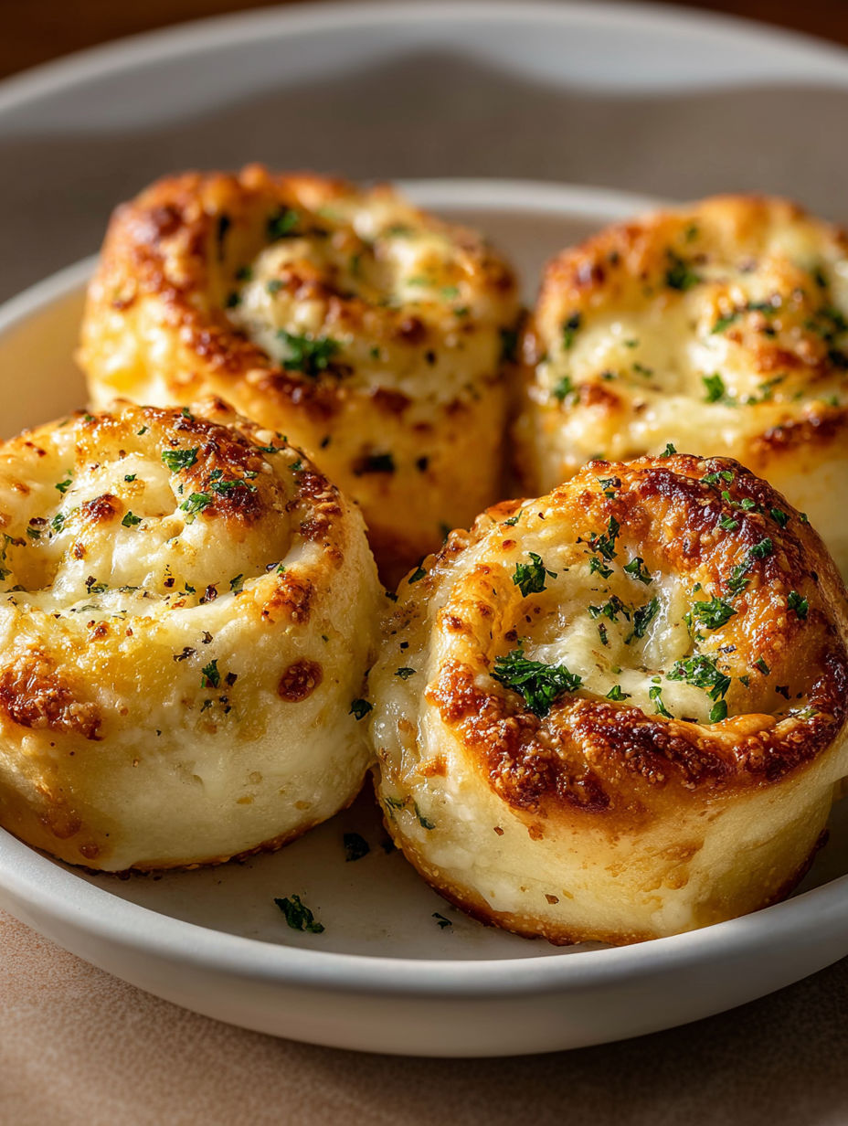Four knoblauch-käse-rollen on a plate.