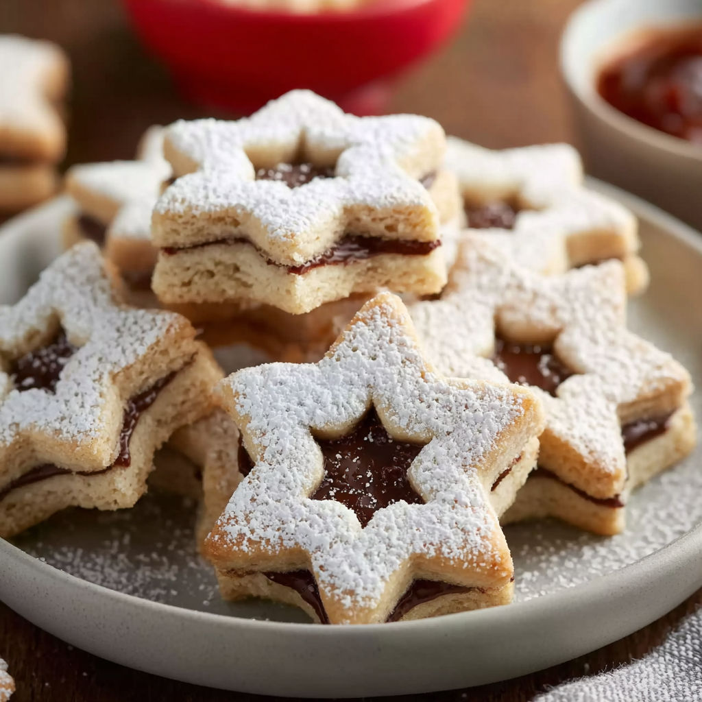 A plate of cookies with white powdered sugar on top.