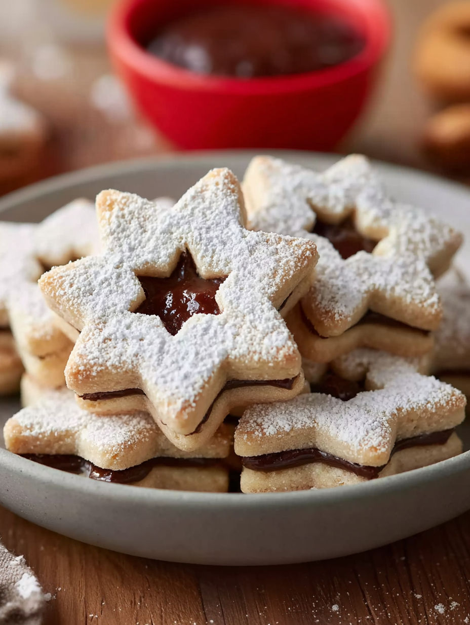 A plate of cookies with white powder on top.