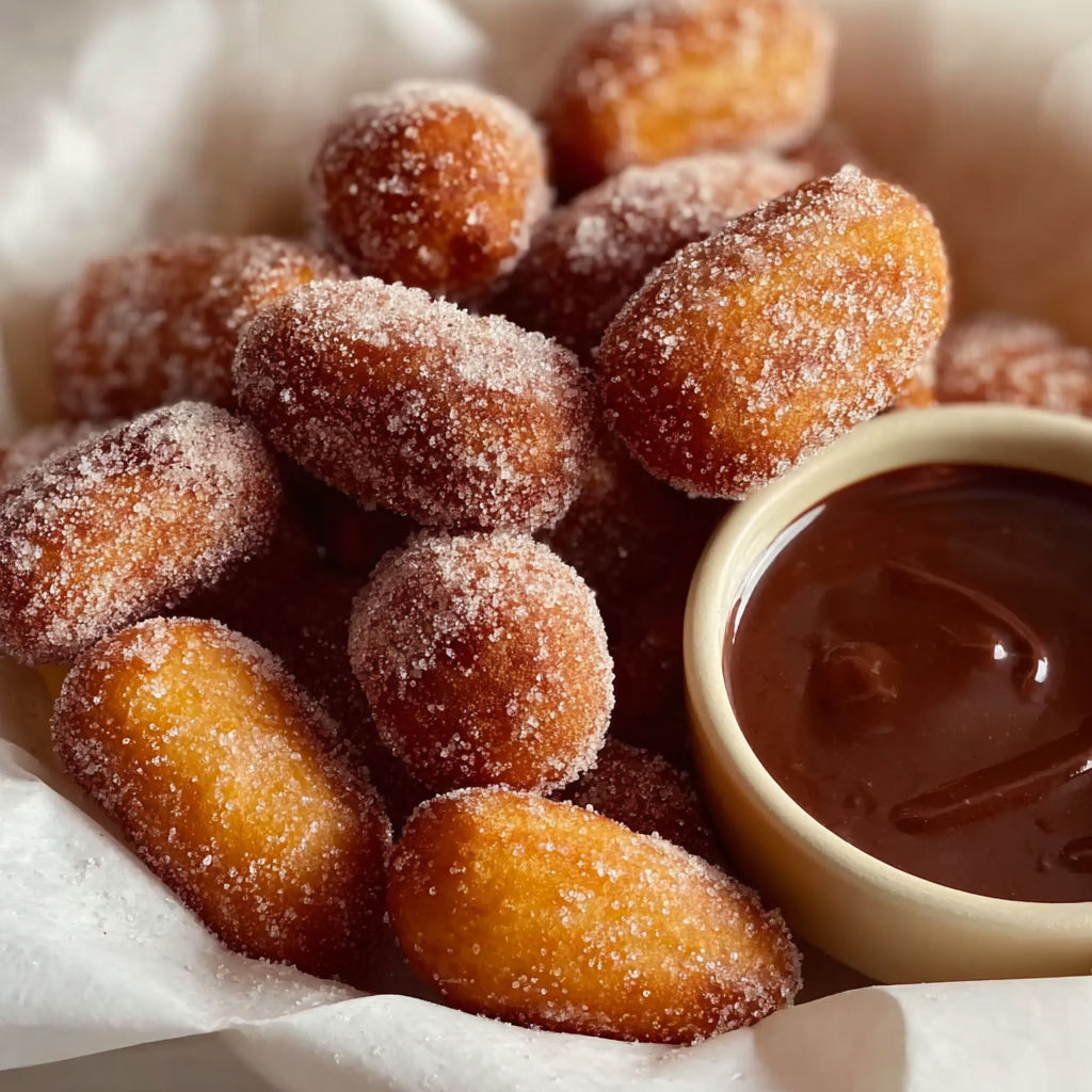 A bowl of churro bites with chocolate sauce.