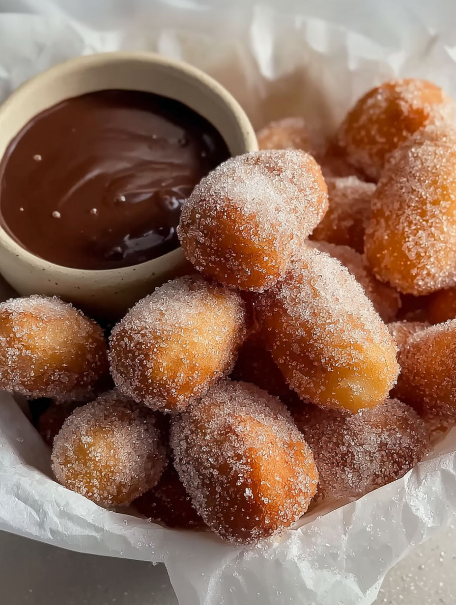 A bowl of churro bites with a chocolate sauce.