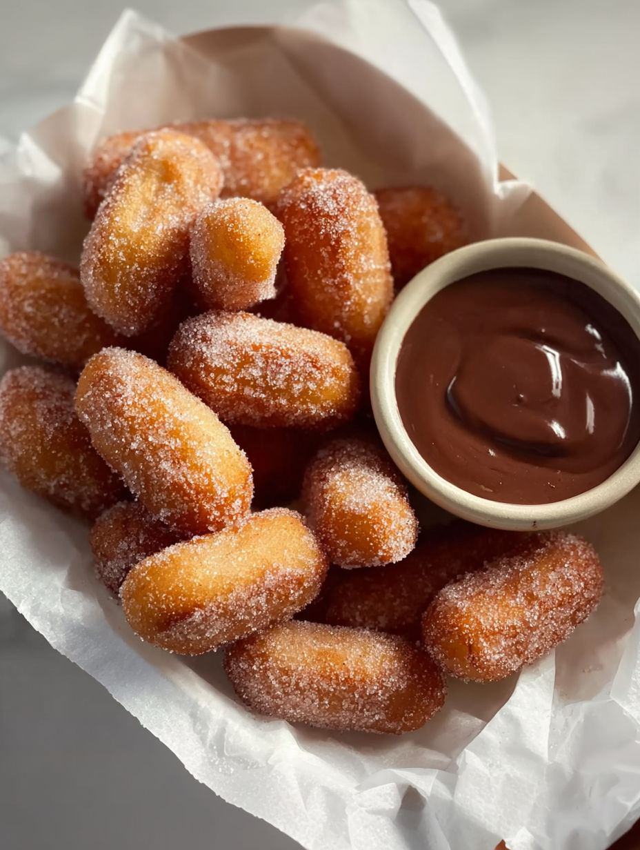 A bowl of churro bites with a chocolate sauce.