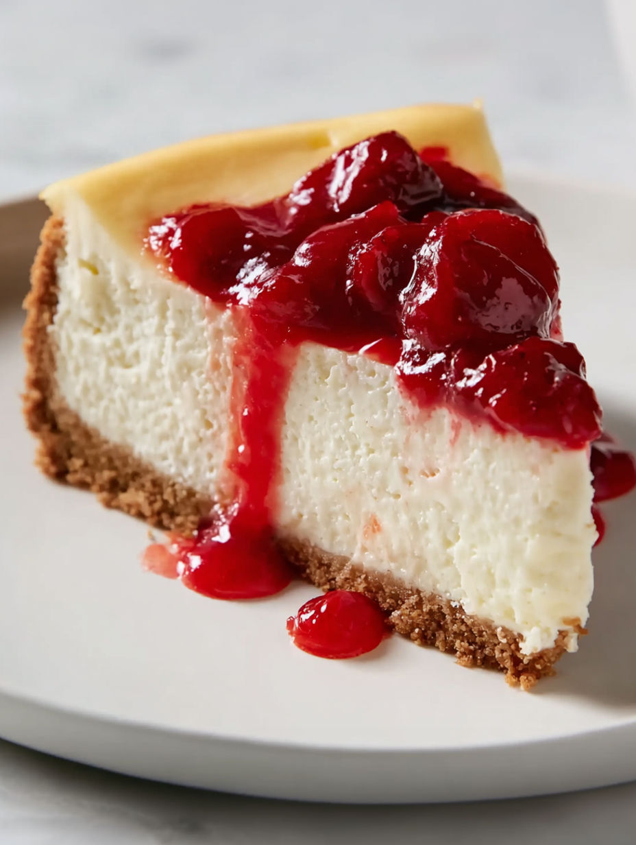 A slice of strawberry swirl cheesecake.