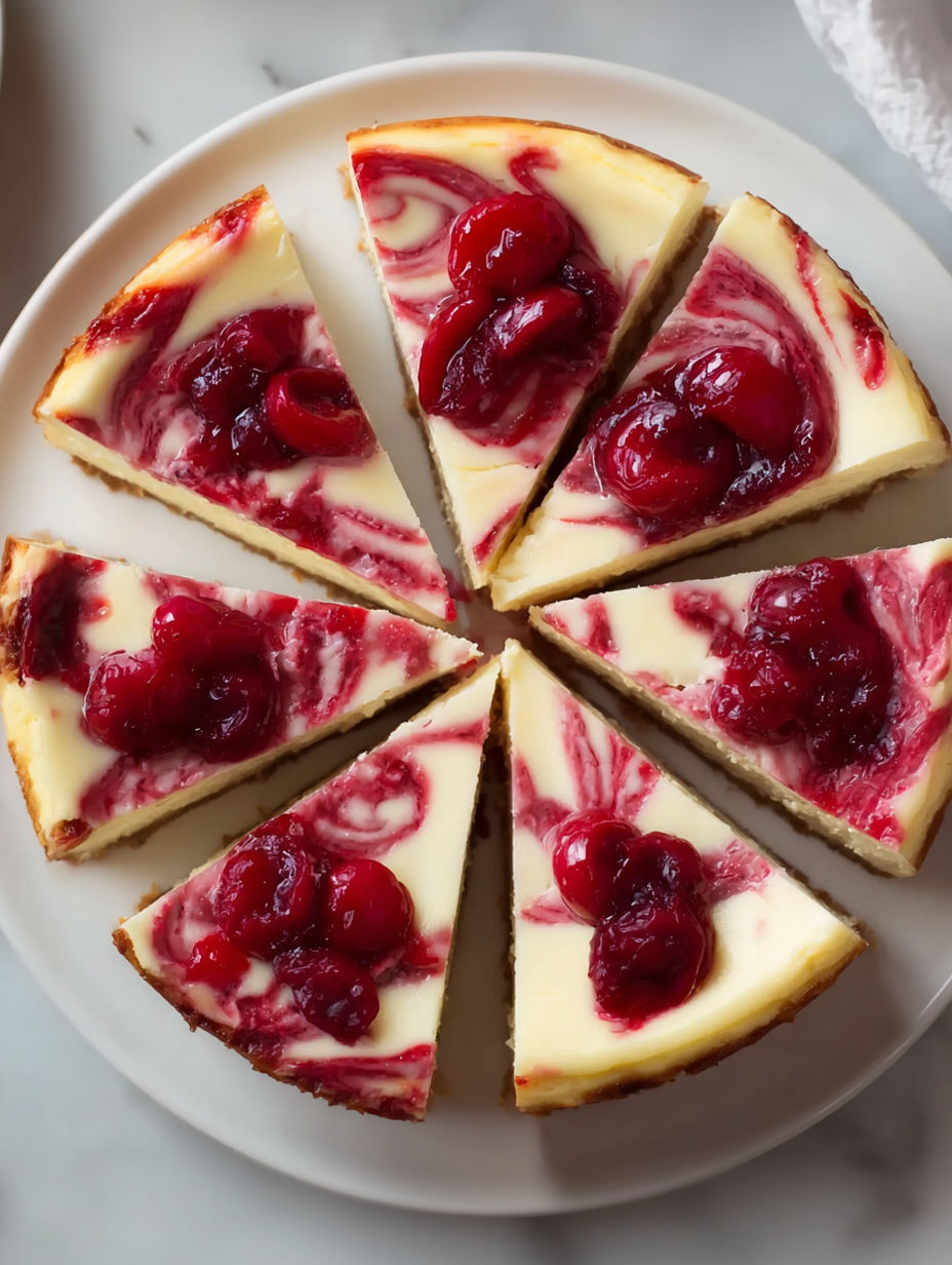 A slice of strawberry swirl cheesecake.