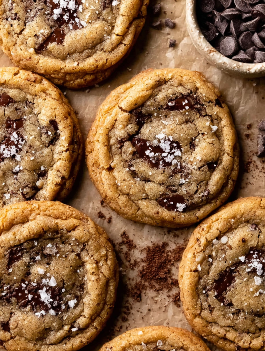 A plate of chocolate chip cookies with white sugar on top.