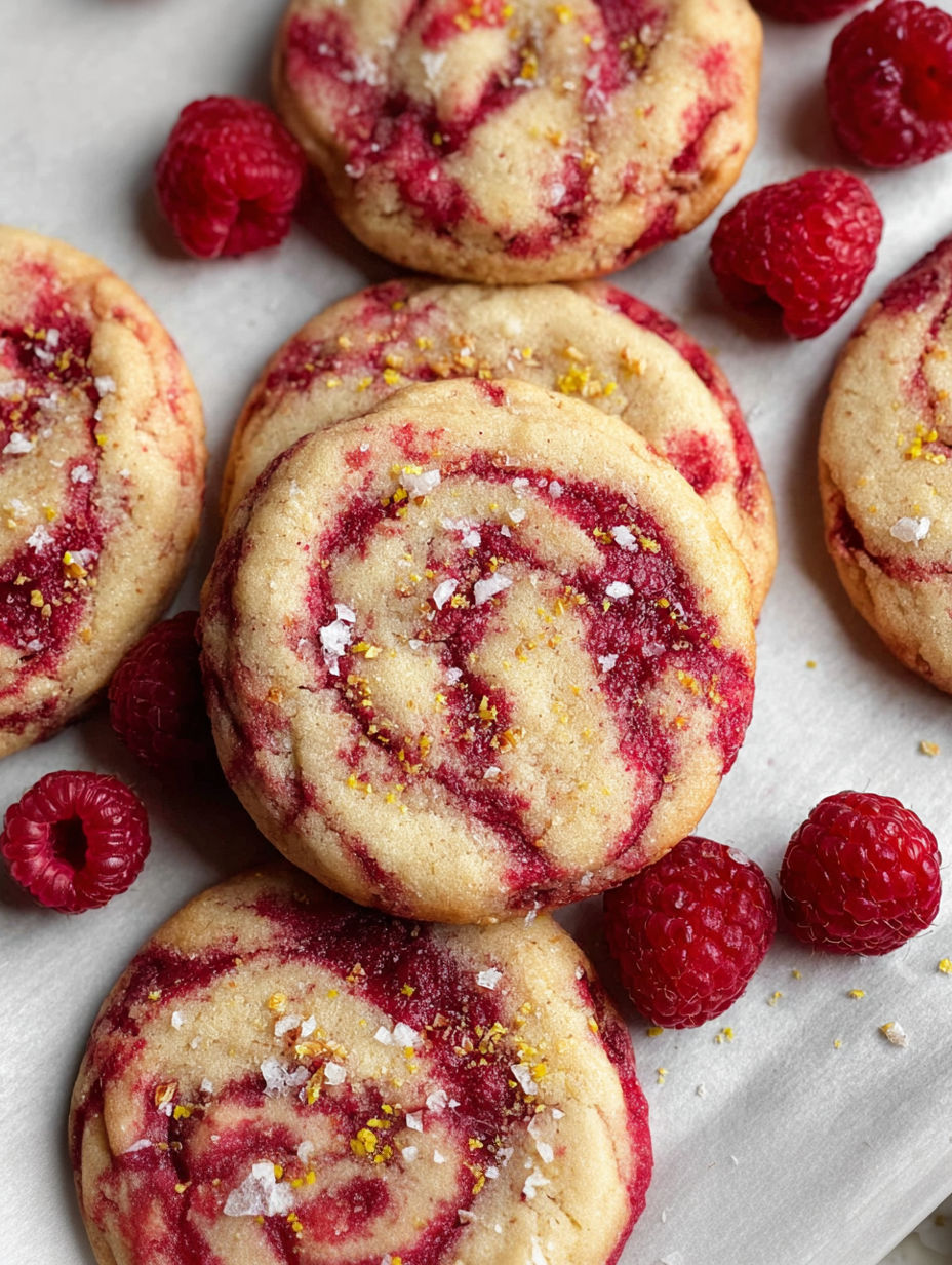 A close up of a cookie with raspberries and lemon.