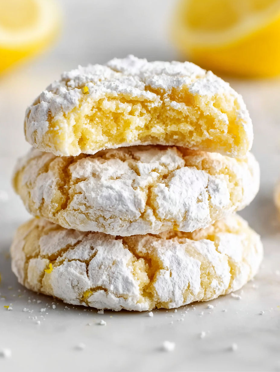 A stack of three lemon crinkle cookies.