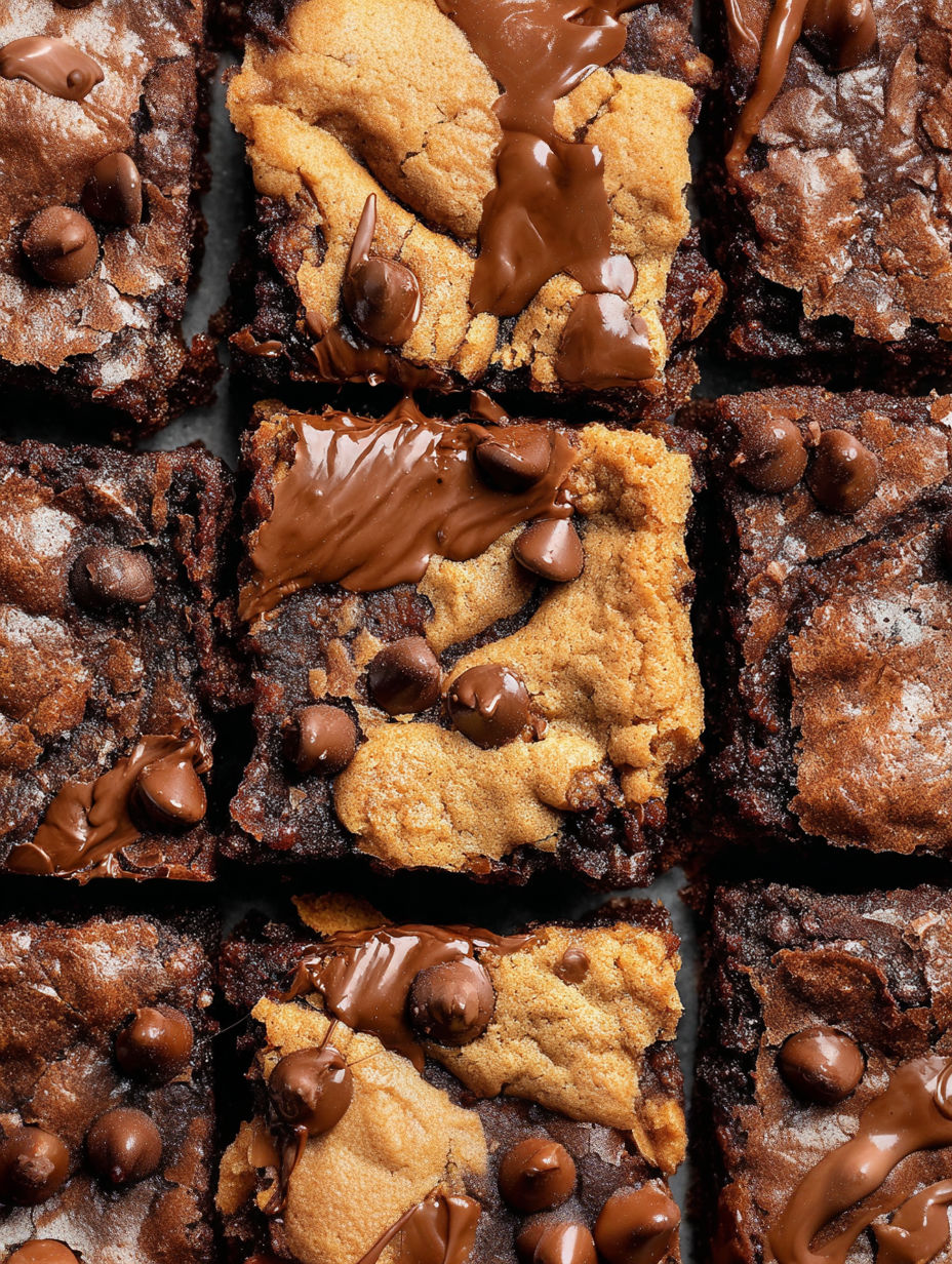 Brownies with chocolate drizzle and chocolate chips.