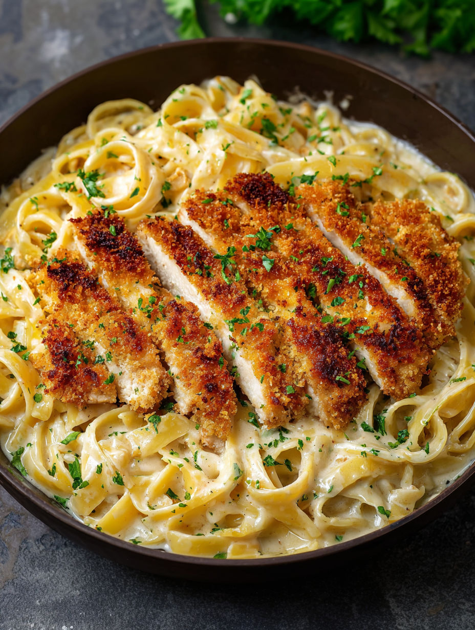 A bowl of fettuccine alfredo with chicken.