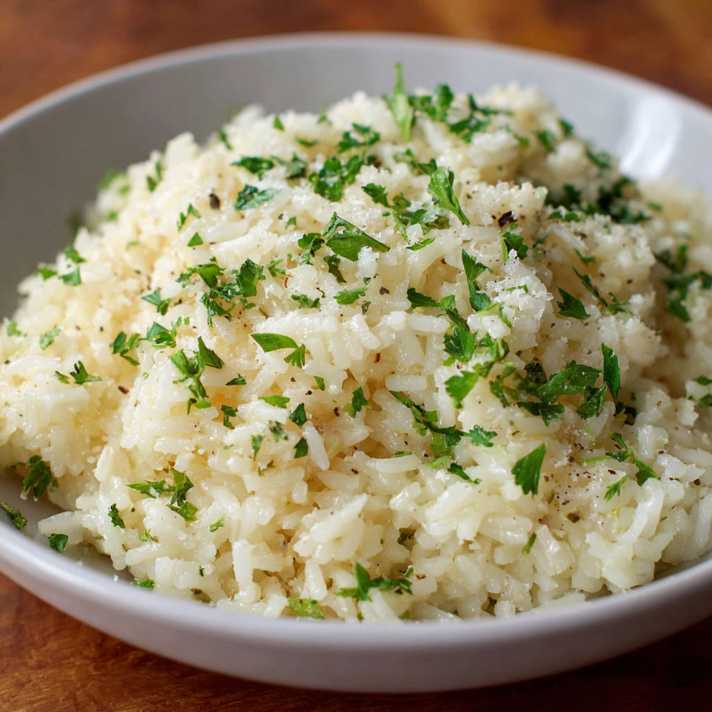A bowl of rice with parmesan cheese and green herbs.