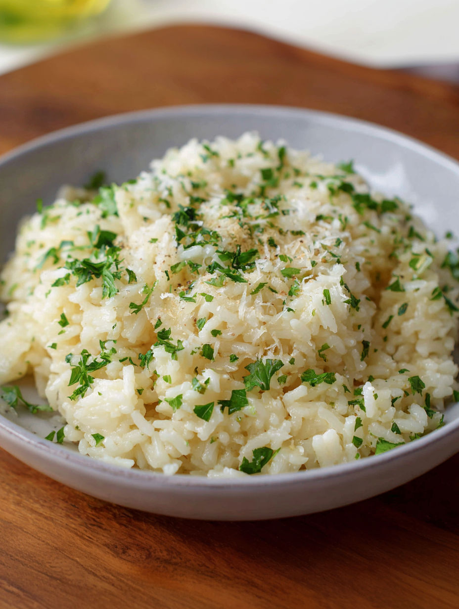 A bowl of rice with parmesan cheese and green herbs.
