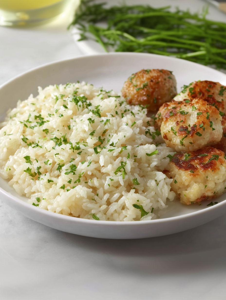 A plate of rice with a green herb on top.