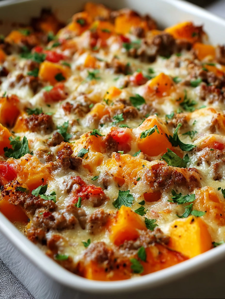 A dish of food with the name "Süßkartoffel-Hackfleisch-Auflauf mit Feta" on it.