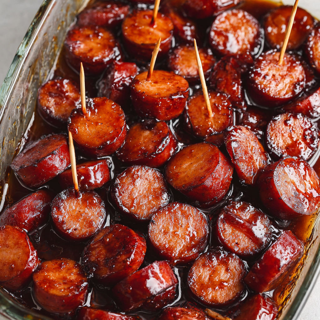 A dish of BBQ sausage bites with toothpicks.