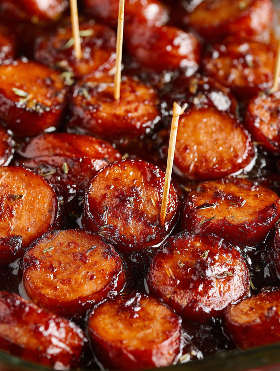 A plate of BBQ sausage bites with toothpicks.