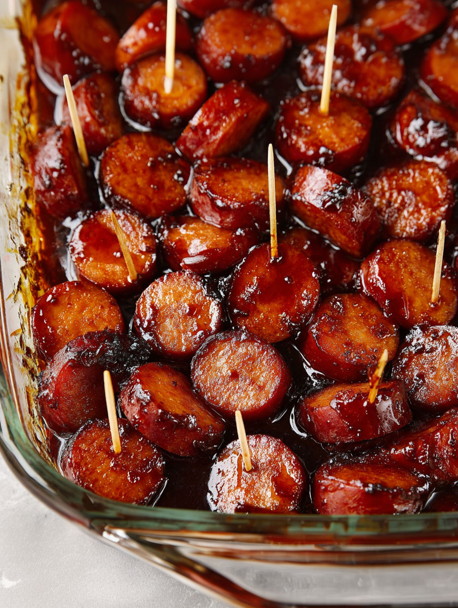 A dish of BBQ sausage bites with toothpicks in them.