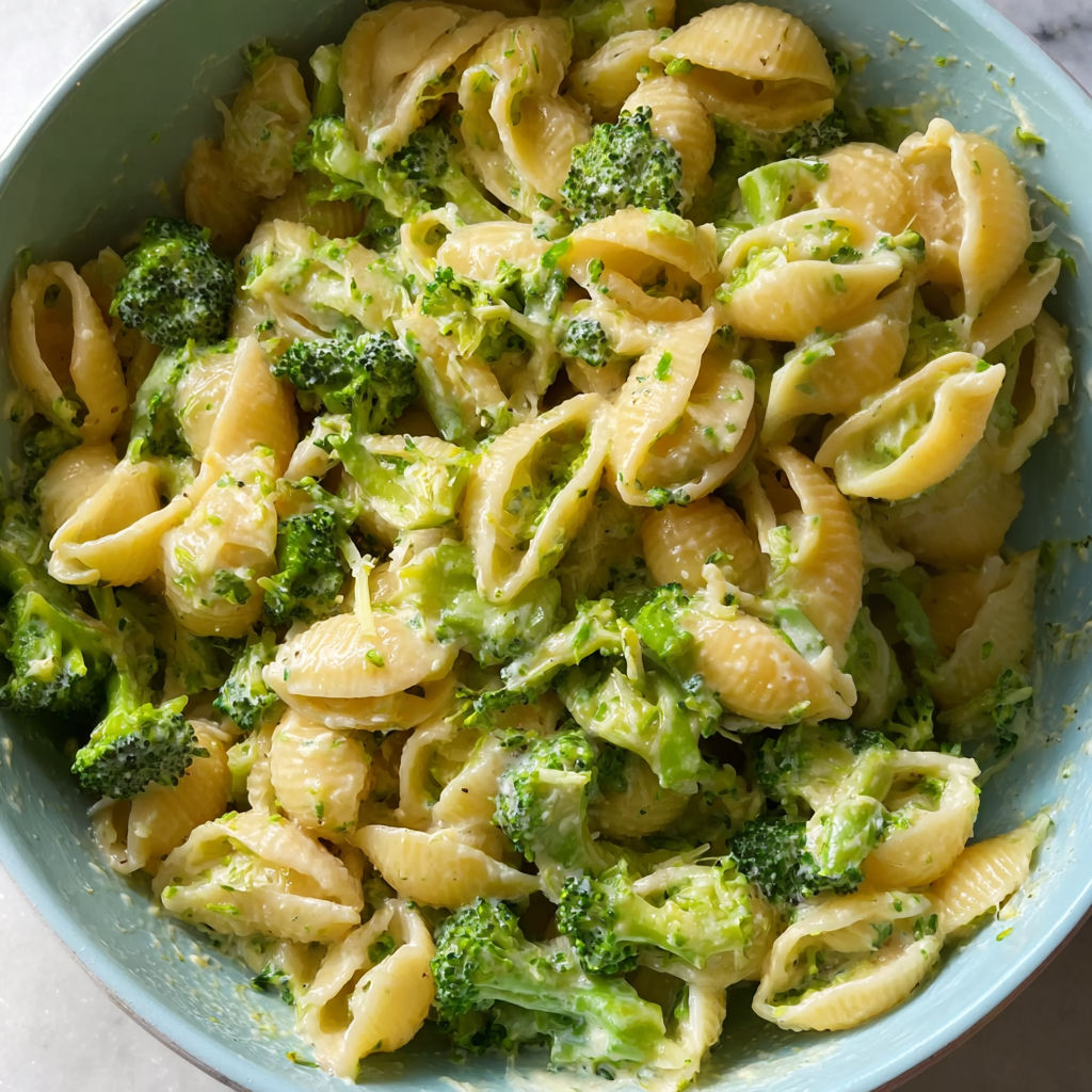 A bowl of pasta with broccoli and cheese.