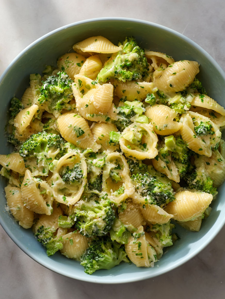 A bowl of pasta with broccoli and cheese.