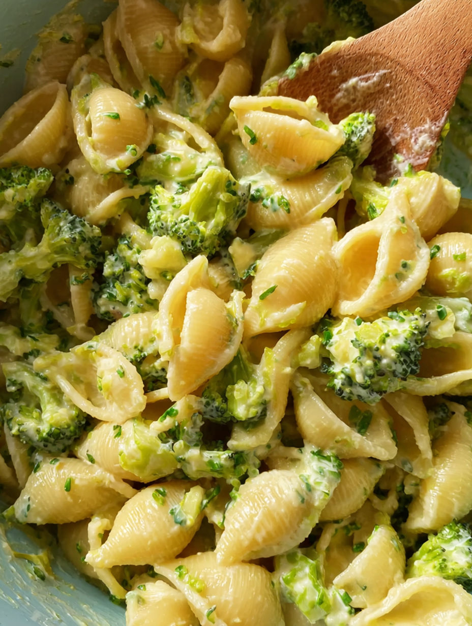 A bowl of pasta with broccoli and cheese.