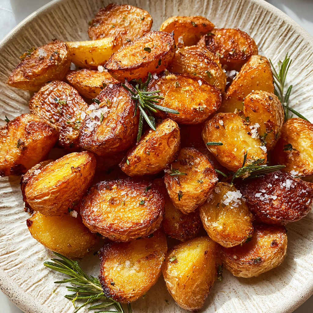 A plate of fried potatoes with herbs and garlic.