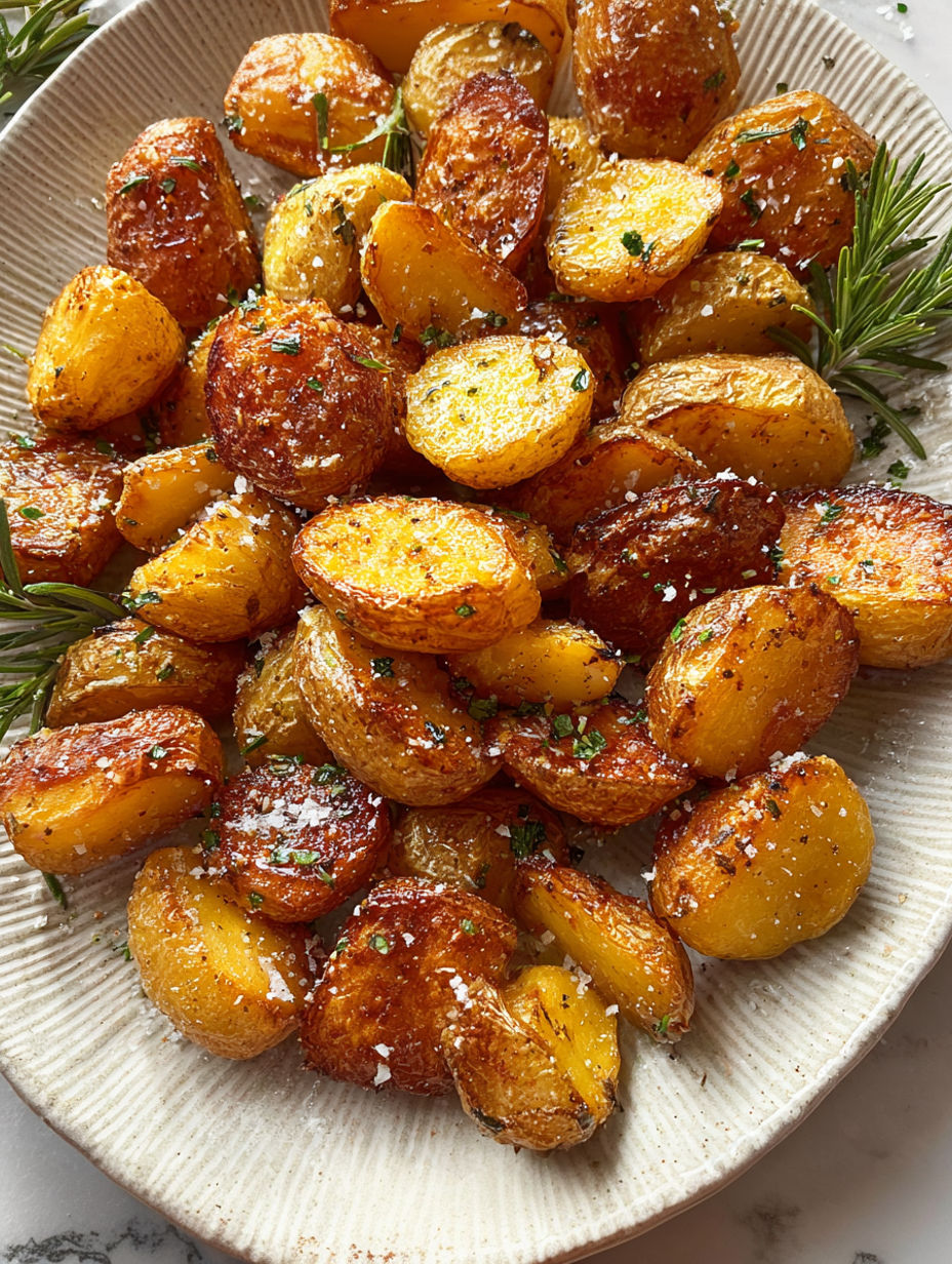 A plate of fried potatoes with herbs and spices.