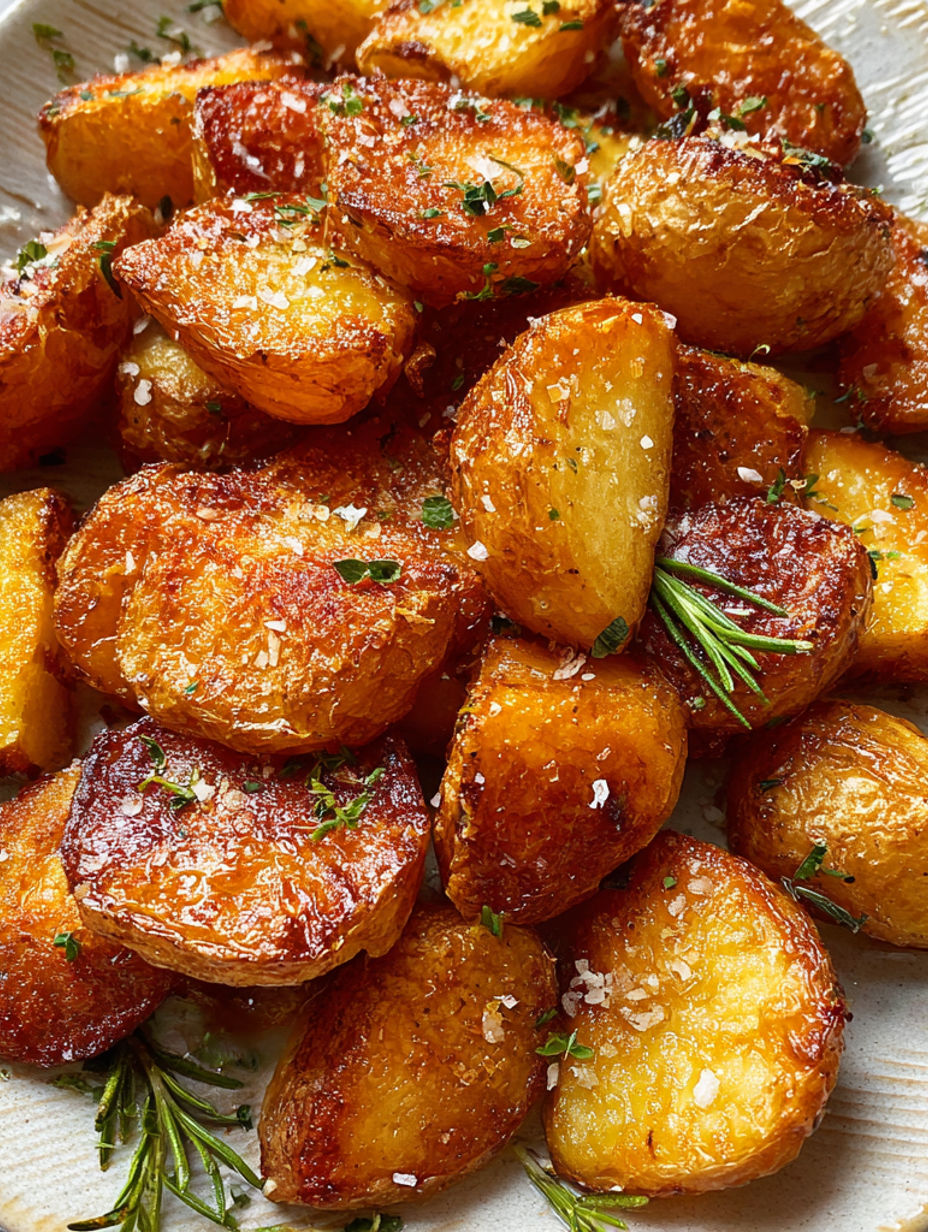 A plate of fried potatoes with herbs and garlic.