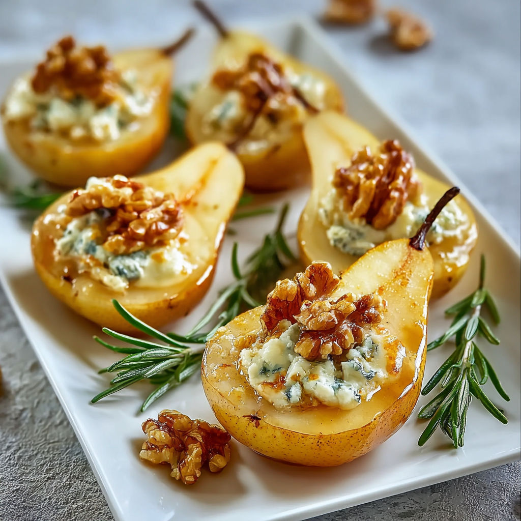 A plate of pears with blue cheese on top.