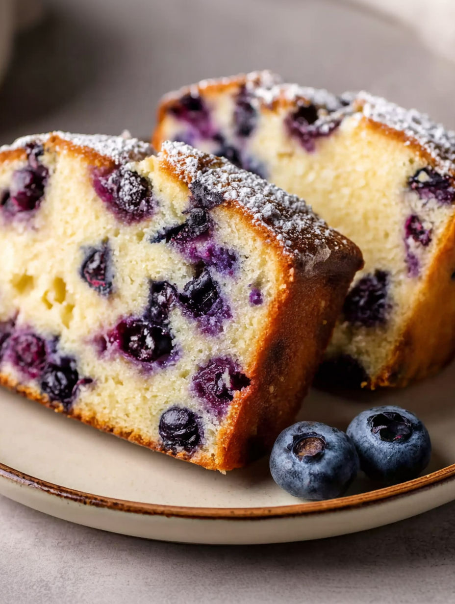 A slice of blueberry cake with powdered sugar on top.