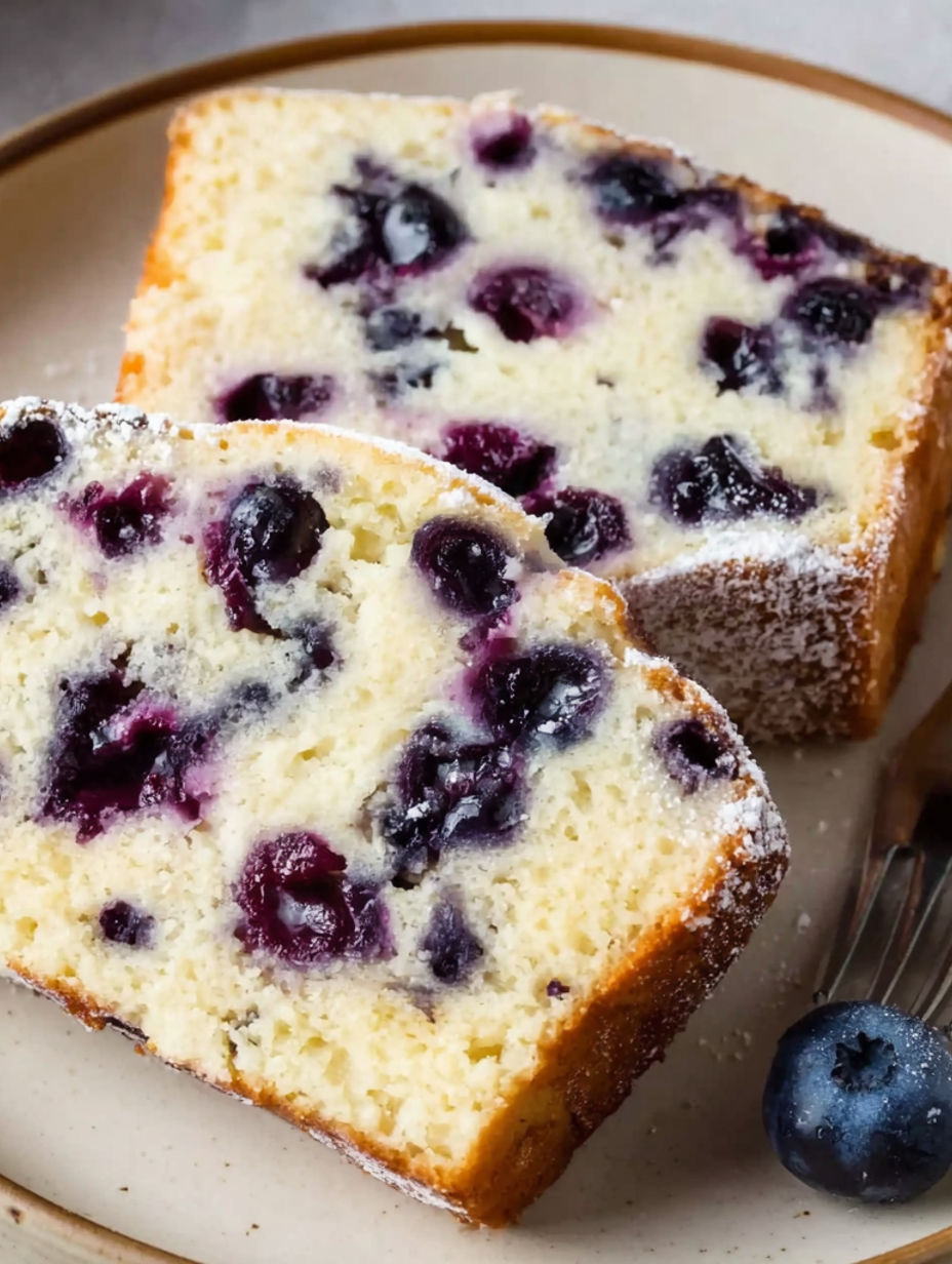 A slice of blueberry cake with powdered sugar on top.