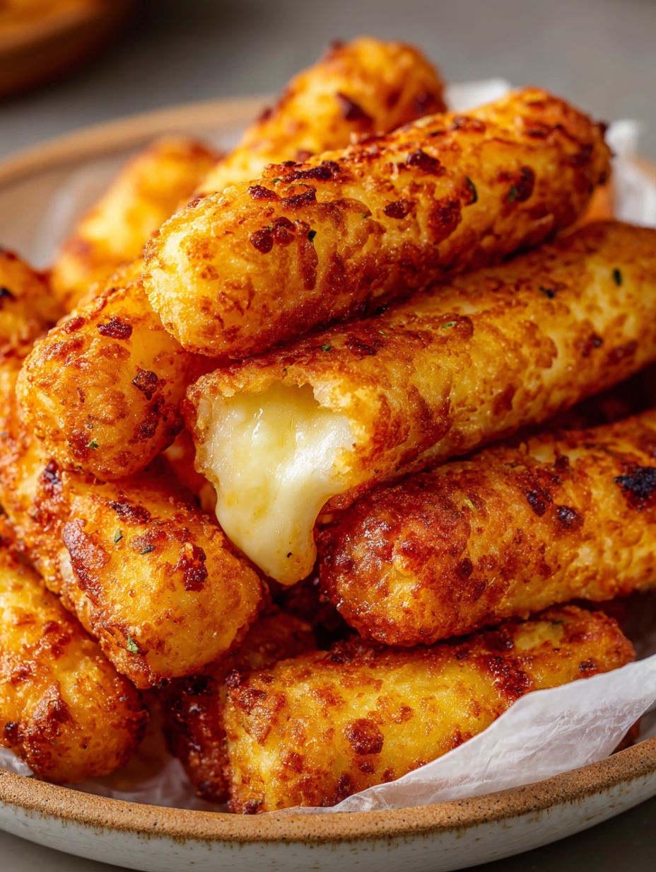 A plate of cheese sticks with a baked potato topping.