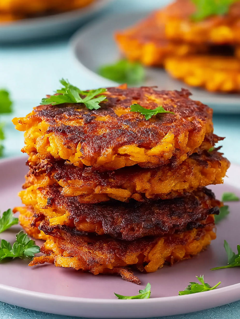 A stack of three hash browns with parsley on top.